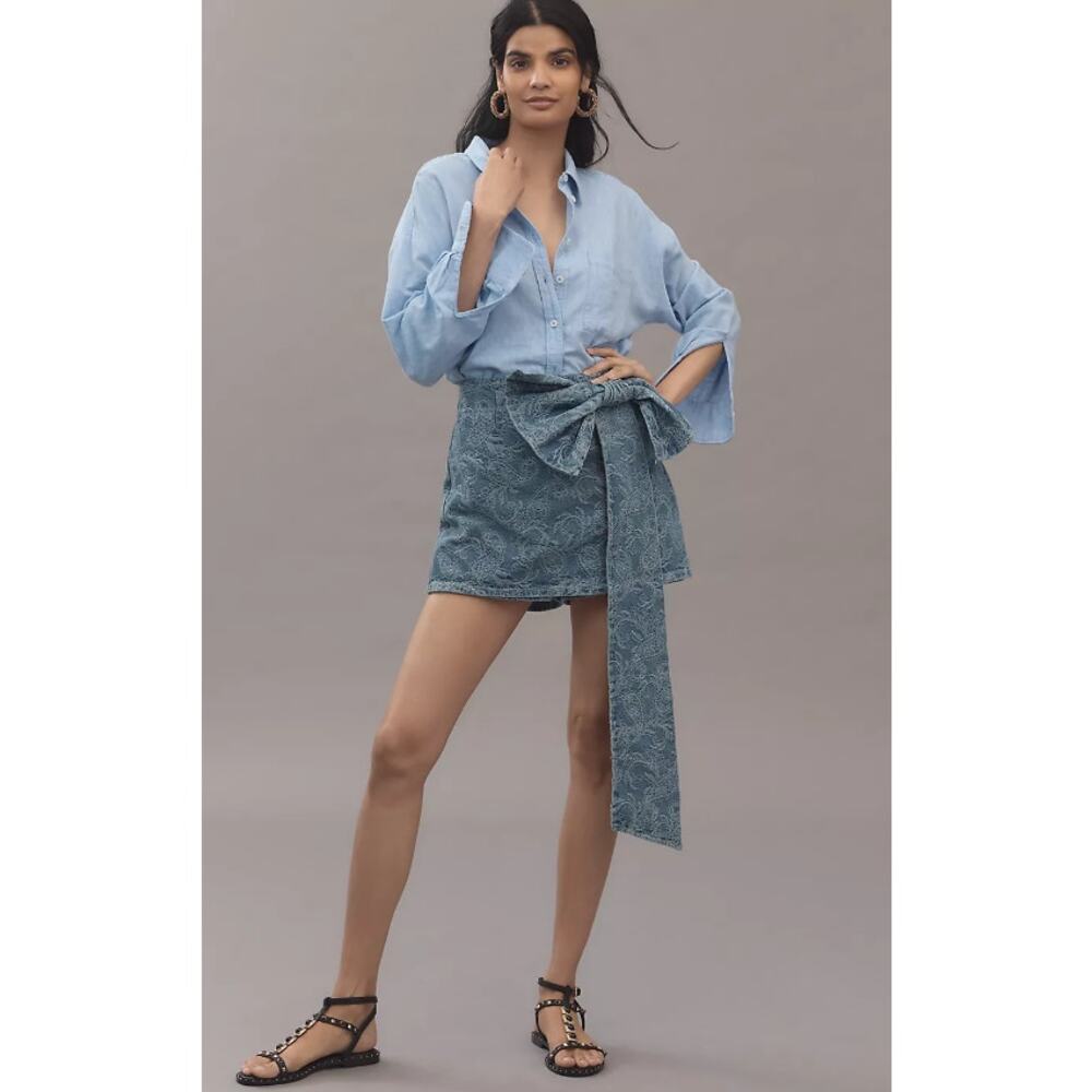 New Avec Les Filles Blue Bow Jacquard Denim Skort - Size 6